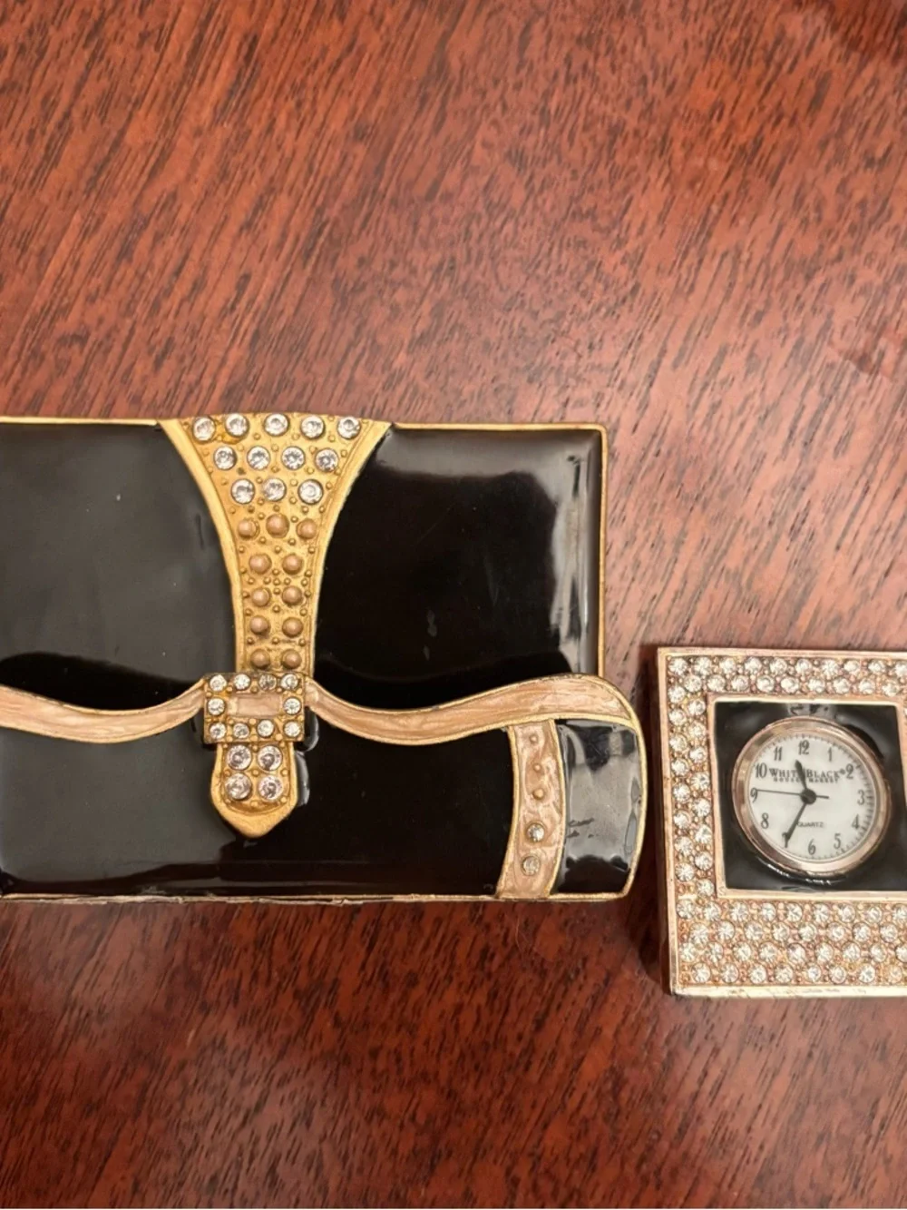 BLING SET CARD HOLDER AND CLOCK IN BLACK WITH RHINESTONES IN GOOD CONDITION
